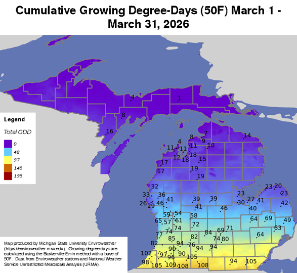 Map of Michigan showing cumulative growing degree-days (base 50&deg;F) for March 1&ndash;31, 2026. Cooler northern regions are shaded in purple with very low totals (near 0&ndash;16 GDD), while southern Michigan transitions to light blue, green, and yellow with higher totals (roughly 60&ndash;110 GDD). Numerical labels across the map indicate specific GDD values by location, with the highest accumulation concentrated along the southern border.
